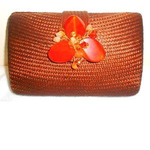 Straw Sand Clutch Flower Bag Purse Handbag Brown Bead Crossbody Chain Strap New